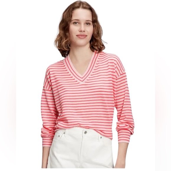 GAP S Pink Striped Linen Blend v-neck Sweater - Picture 1 of 9